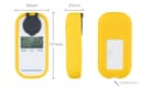 Predný, bočný a zadný pohľad na žltý digitálny refraktometer s vyznačenými rozmermi 58, 25 a 121 mm.