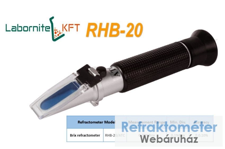 Čierny ručný refraktometer s nápismi LABORNITE KFT a RHB-20.