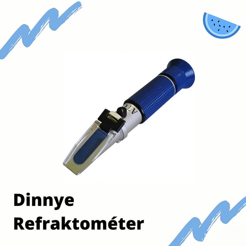 Modrý ručný refraktometer s maďarským nápisom „Dinnye Refraktométer”.