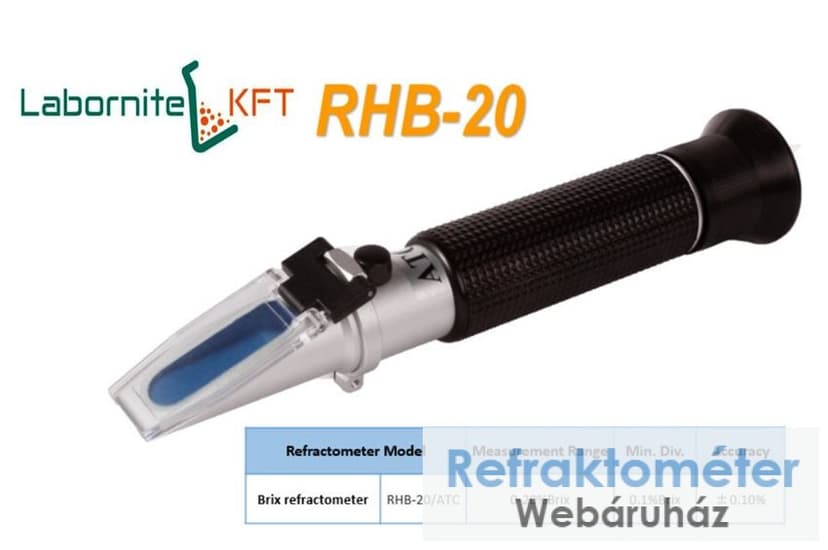 Čierny ručný refraktometer s nápismi LABORNITE KFT a RHB-20.