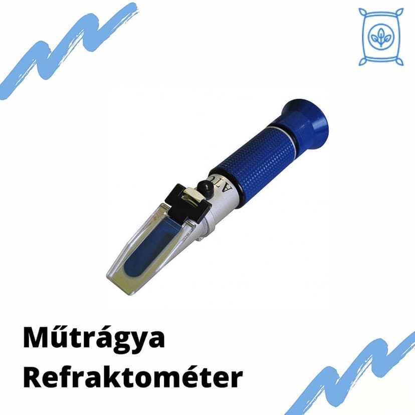 Modrý ručný refraktometer s maďarským nápisom „Műtrágya Refraktométer”.
