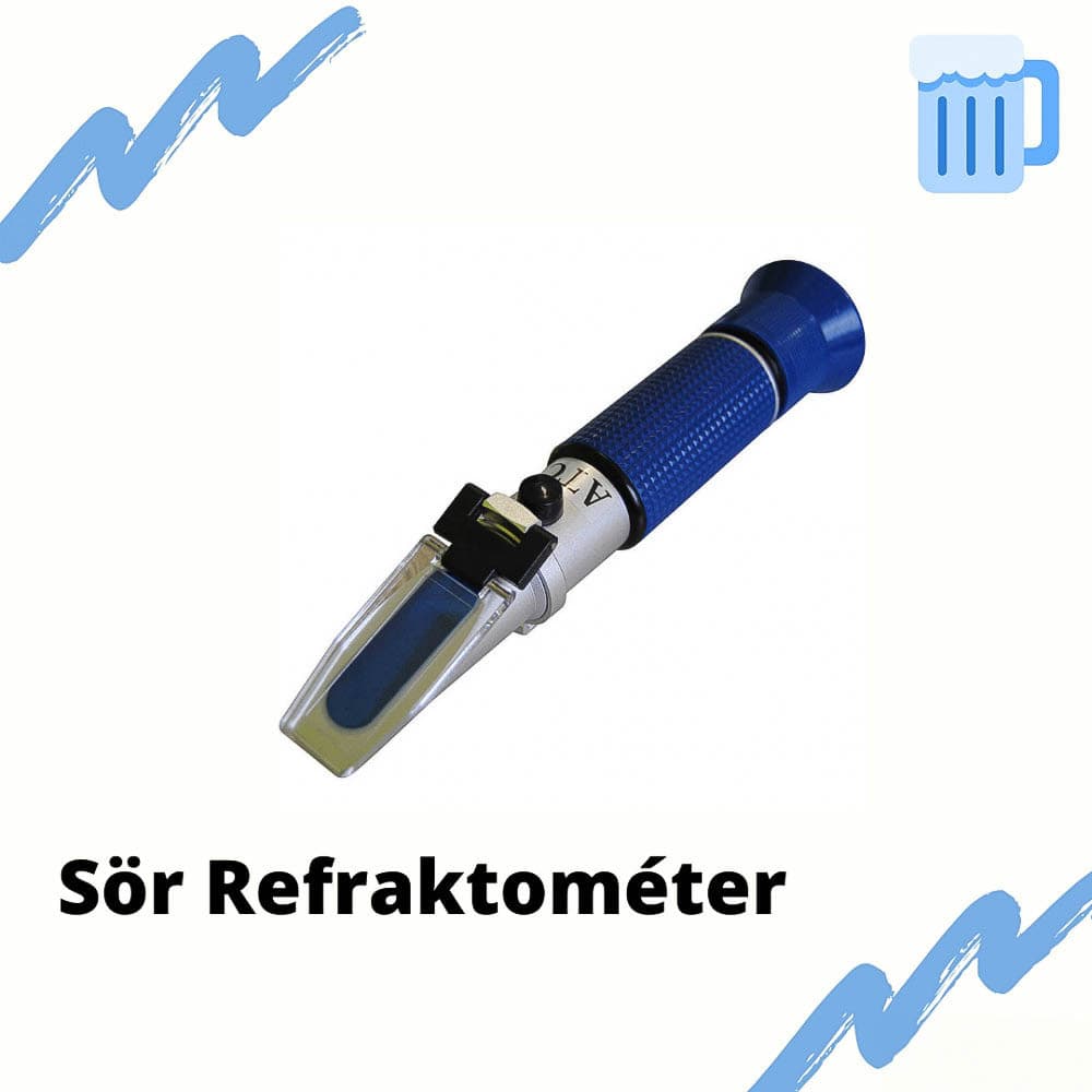 Modrý ručný refraktometer s maďarským nápisom „Sör Refraktométer”.